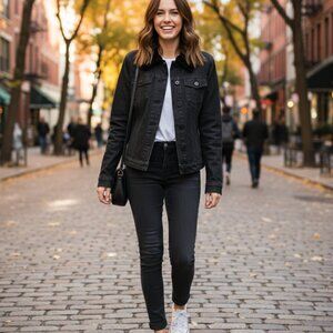 MEXX Women's Charcoal Grey Denim Jean Jacket W/Black Faux Fur Collar Size Small